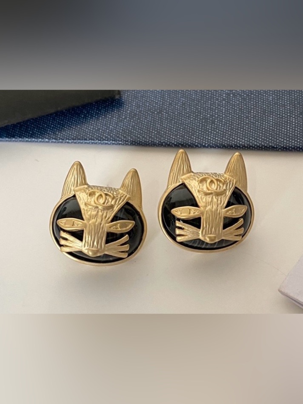 Double C CAT 🐈‍⬛ EGYPTIAN CAT Black and Gold Tone Logo Earrings